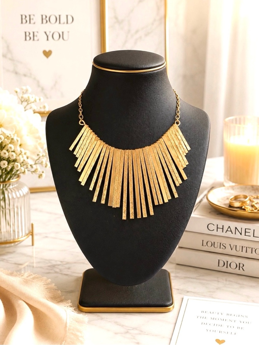 Gold Toned Asymmetrical Etched Choker Necklace 14-inches